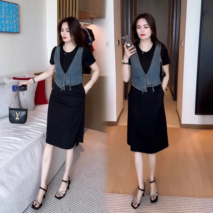 时尚连衣裙2025新款今年流行时尚漂亮夏款减龄洋气质假两件套裙子