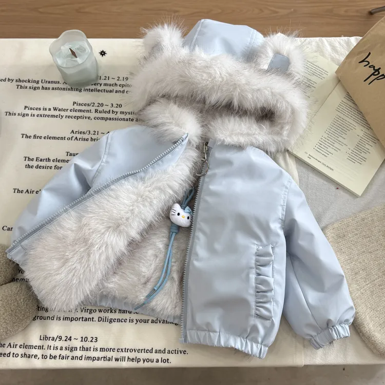 双面穿女童棉服冬装卡通风连帽加绒厚外套毛内胆保暖派克服