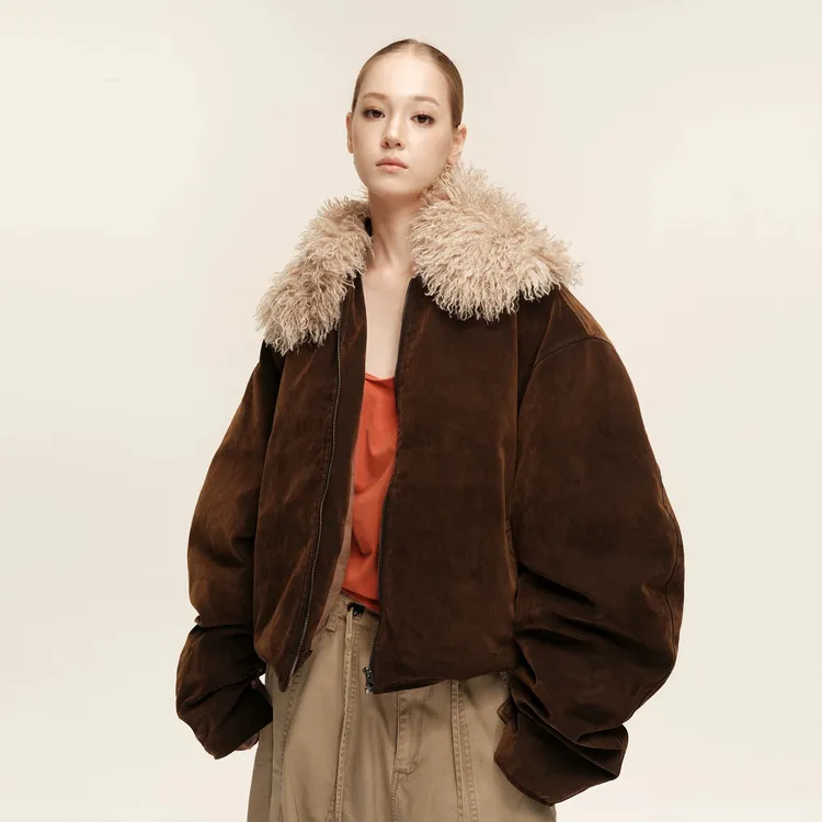 COZYDOLL斯拉夫风白鸭绒复古水洗抽褶廓形可拆卸毛领派克羽绒服