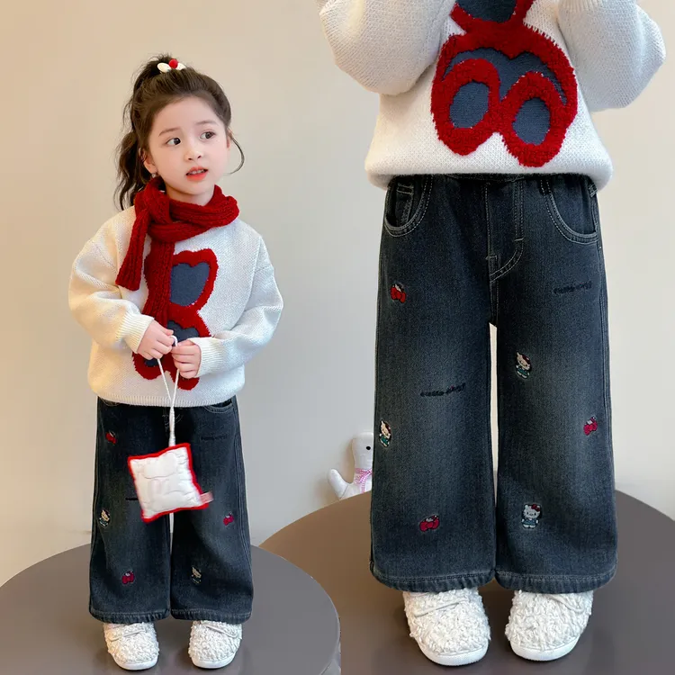 女童加绒牛仔裤冬季2025新款洋气加厚一体绒直筒裤儿童长裤子冬装