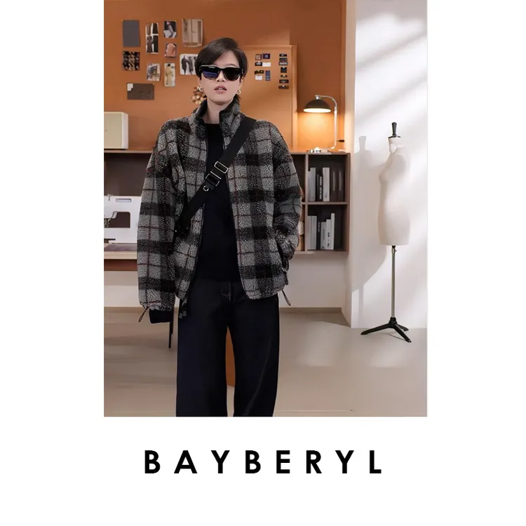 BAYBERYL老贝鹿鹿*缪立领格纹撞色绒感保暖外套MF5K1922-11/23