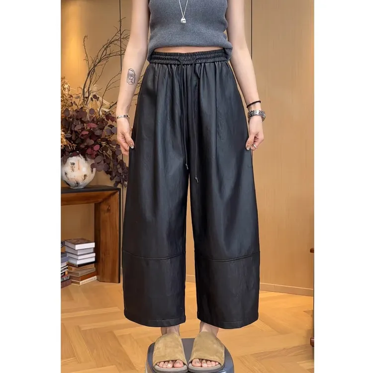 欧货黑色松紧抽绳皮裤女2025秋冬新款高腰宽松显瘦百搭九分阔腿裤
