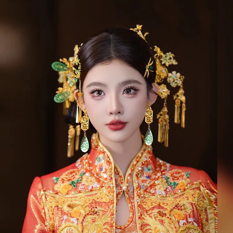 合金婚庆饰品 新娘结婚秀禾服复古蝴蝶金绿色发钗中式头饰MT0188