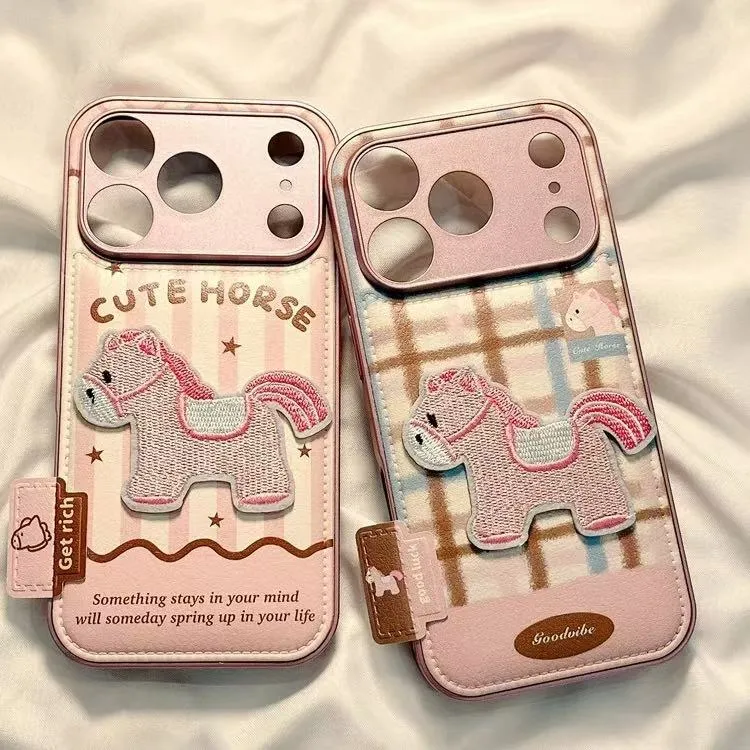 粉棕拼接刺绣小马适用苹果17气垫手机壳小米vivoppo华为可爱复古