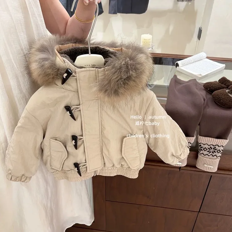 韩系夹克式加绒兔毛棉服2025新款秋冬毛帽子儿童加厚保暖派克服