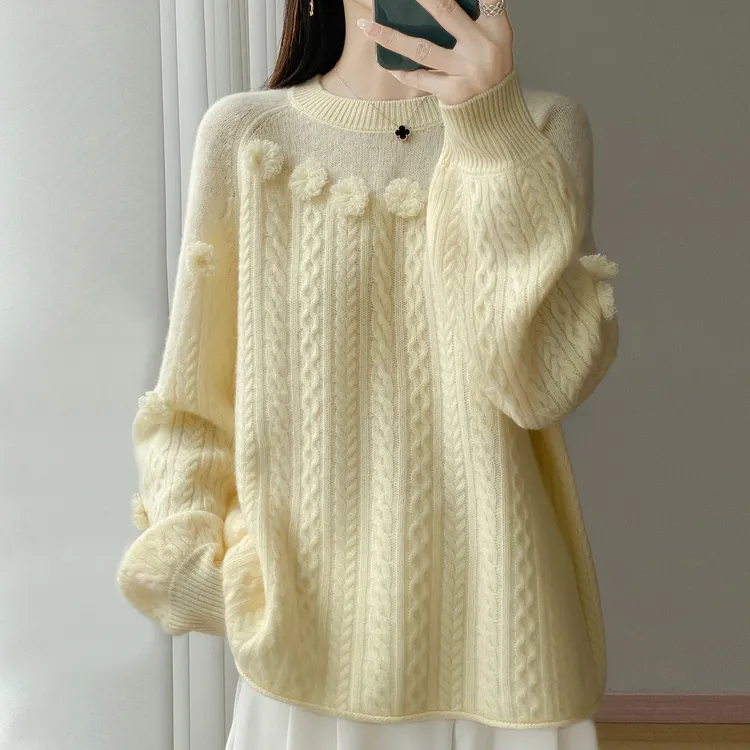 纯羊毛慵懒风宽松针织衫毛衣女士秋冬新款麻花上衣胖mm大码针织衫