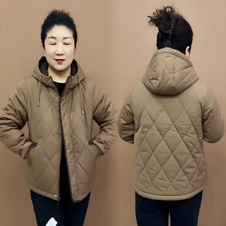 韩版时尚休闲宽松连帽菱格纹棉服女加厚保暖显瘦外套加肥大码棉衣