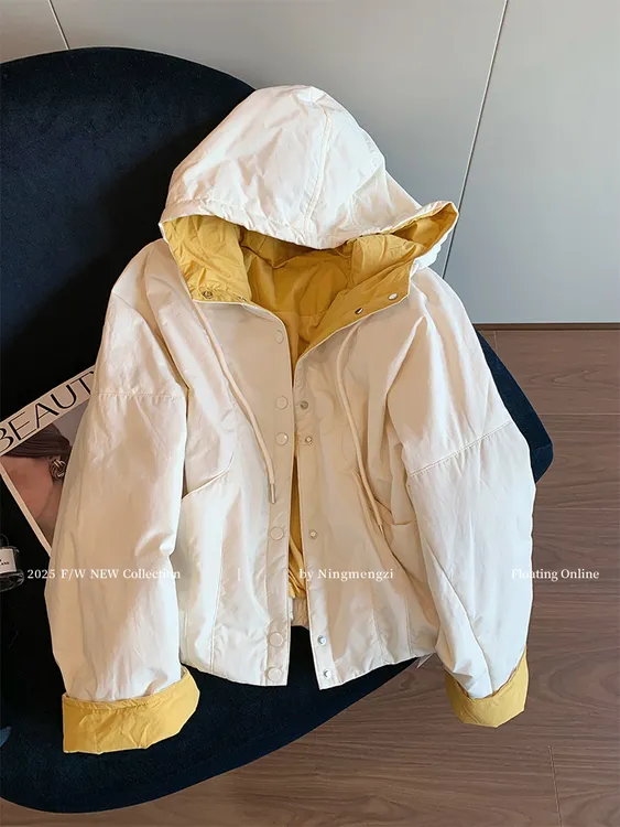 简约拼色连帽棉服外套女2025年秋冬新款休闲百搭时尚气质轻薄上衣