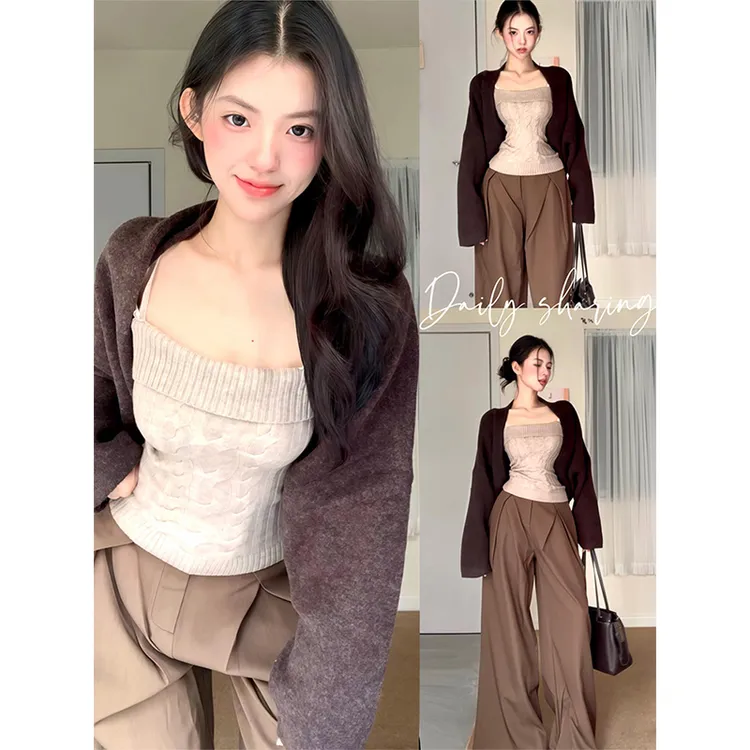 INS CEC韩系复古棕咖色毛衣外套内搭吊带背心高腰阔腿裤套装