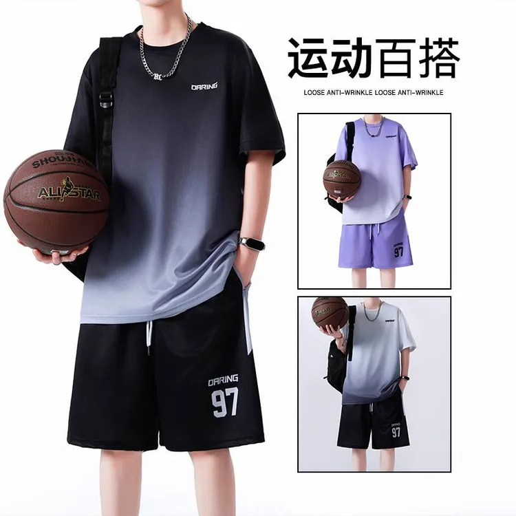 夏季青少年渐变短袖套装学生宽松冰丝速干篮球服男孩中考运动服男