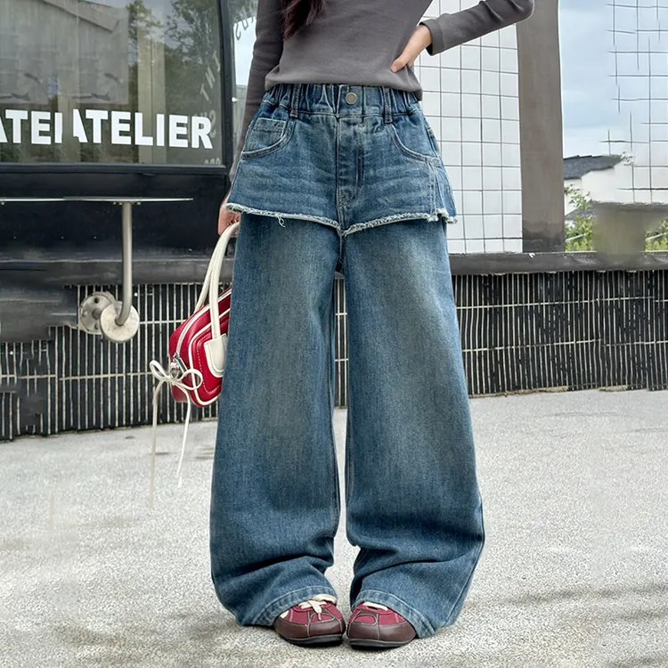 女童牛仔裤秋季冬季加绒高街小众阔腿裤儿童屁帘假两件裤子2025新