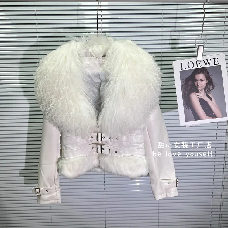 甜心家现货定制新款毛毛拼接真毛翻领机车皮衣夹棉收腰外套