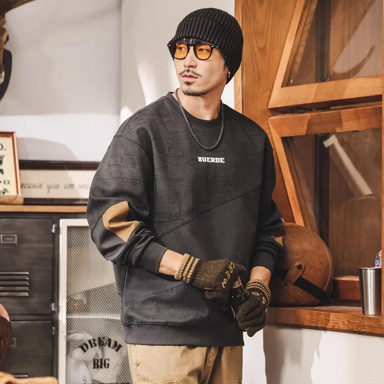 美式复古秋冬卫衣男圆领宽松大码重磅潮牌拼接百搭印花休闲上衣男