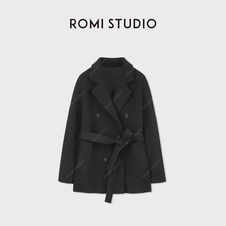 ROMI STUDIO秘鲁羊驼+超细澳毛西装领收腰毛呢大衣外套RWCWW87287