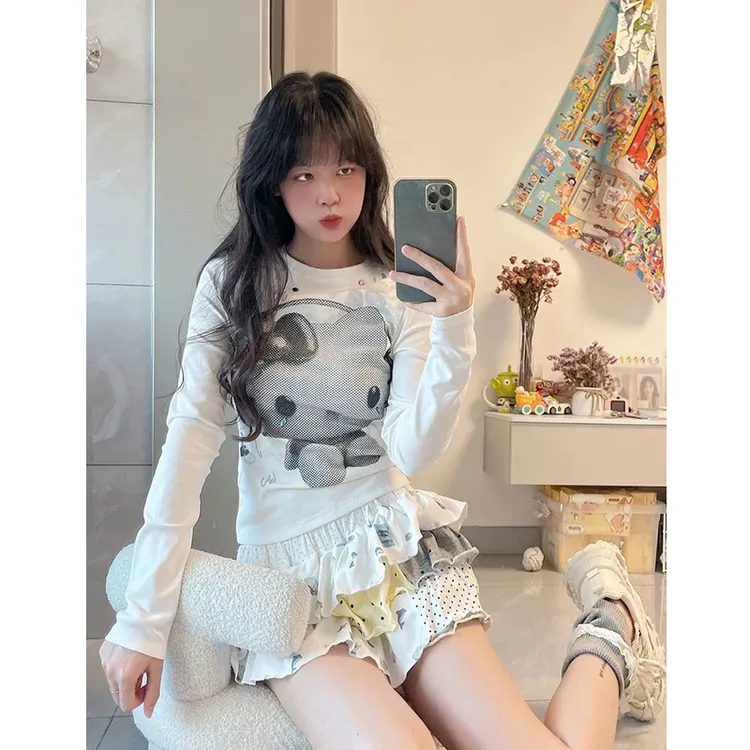 【珂塔芙】复古卡通猫咪短款长袖t恤女早秋修身学院风显瘦百搭上衣