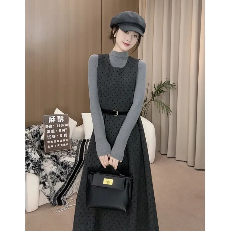 法式秋季波点背心裙套头款连衣裙两件套装中长款显瘦秋装