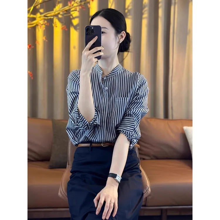 欧货高端大牌时髦经典撞色条纹长袖衬衫洋气漂亮小衫上衣2025夏季