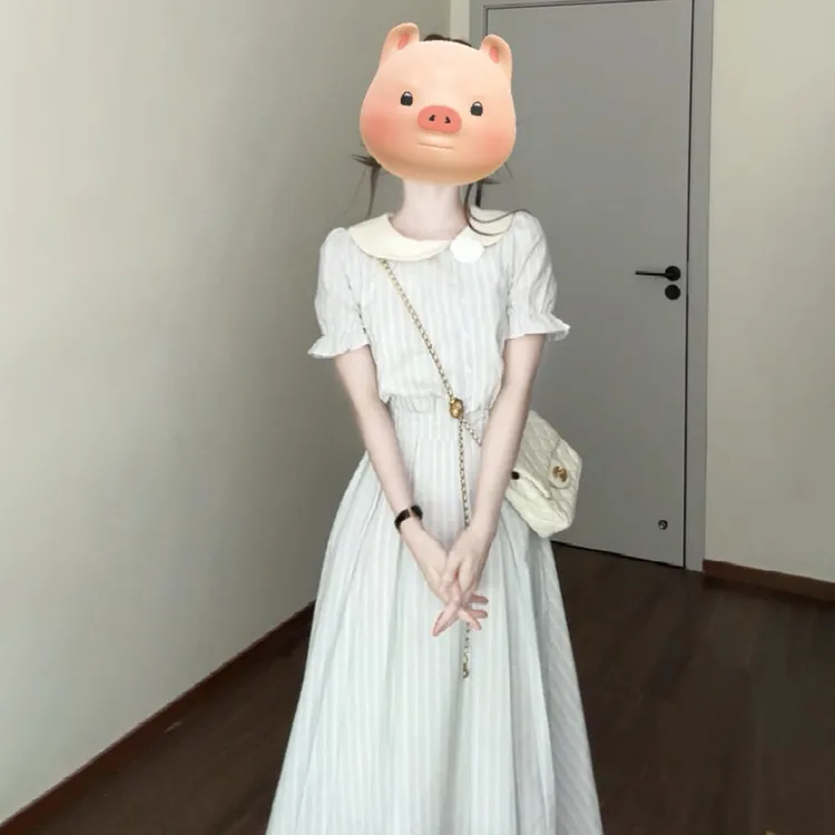 法式蓝色条纹娃娃领连衣裙子女夏季2025新款小个子巨好看收腰长裙