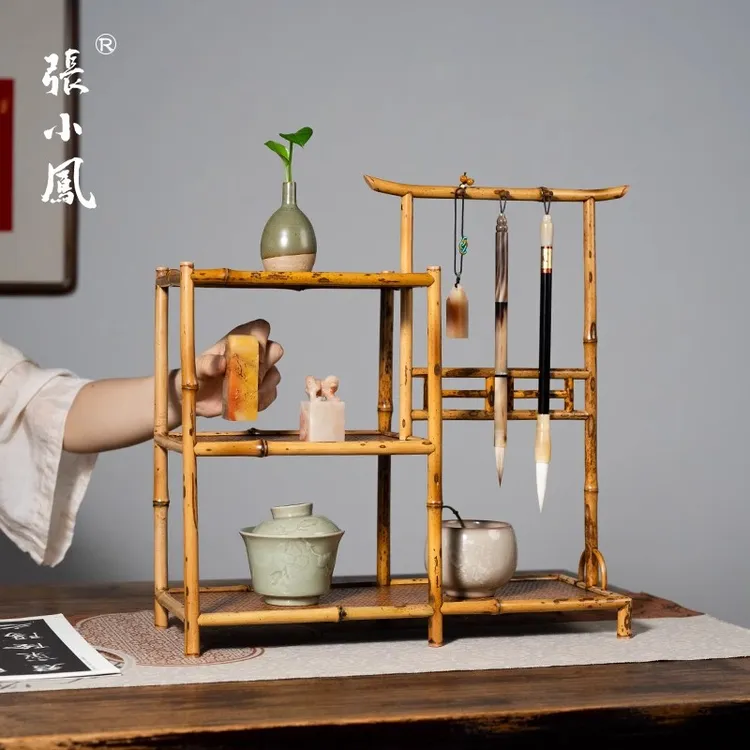 张小凤 梅鹿竹笔挂 文房四宝笔架悬挂式毛笔茶具收纳竹制挂架竹编