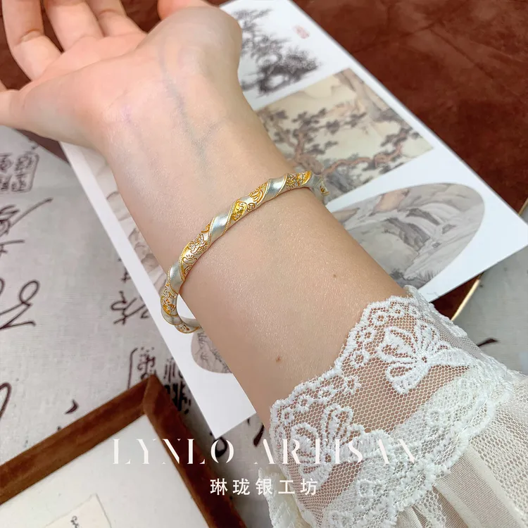 足银手镯 琳珑银工坊[吉纹缠]国风手工足银999.9足银999纯银镯子
