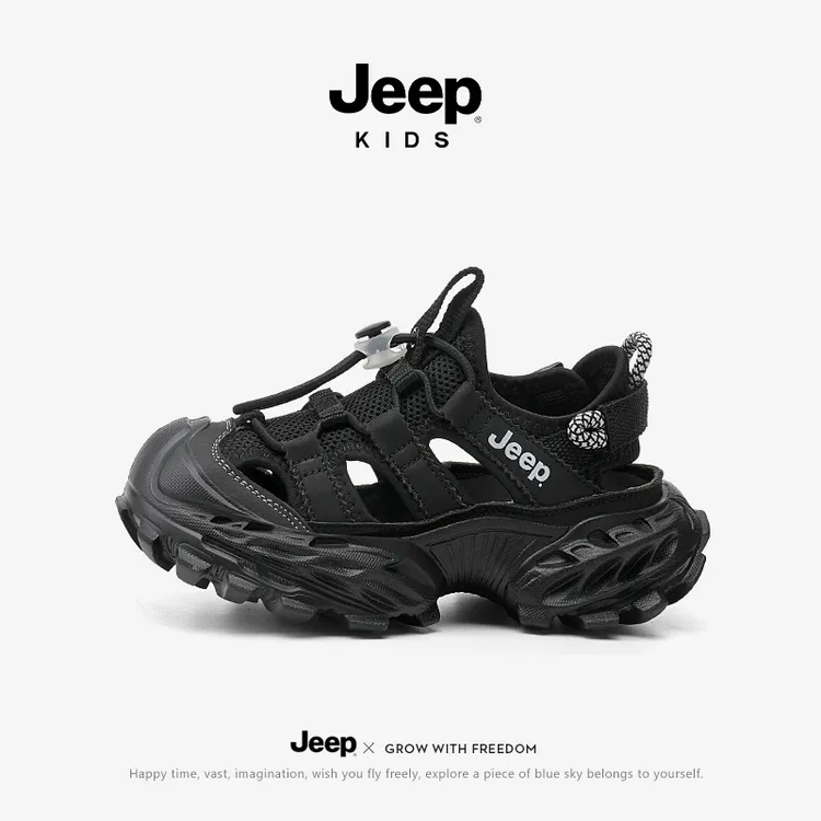 jeep男童凉鞋夏季网面新款包头运动鞋黑色女童沙滩鞋软底儿童鞋子