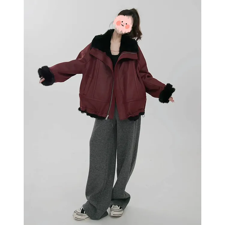 两面穿短款皮毛一体外套冬季保暖三色美式宽松休闲上衣女