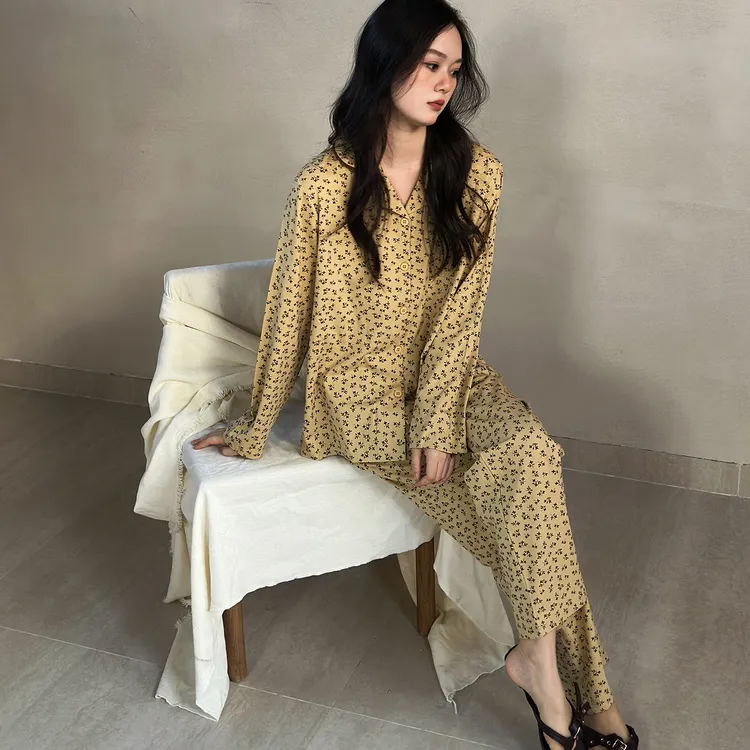 及好莫代尔棉睡衣女春秋款长袖开衫翻领休闲高级感家居服秋冬套装