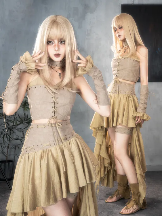 荒芜诗行｜无极灰原创小众波西米亚废土风套装朋克假两件辣妹吊带