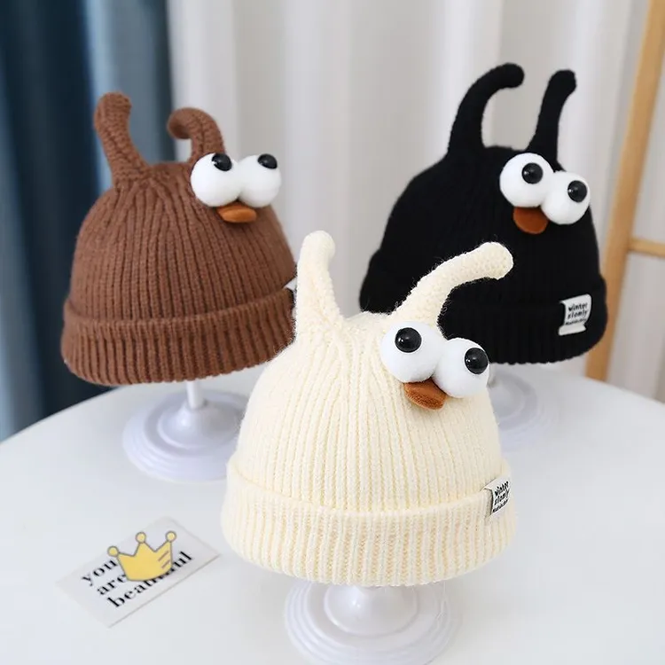 秋冬季婴儿帽子超萌卡通眼睛男宝宝套头帽婴幼儿童针织毛线帽可爱
