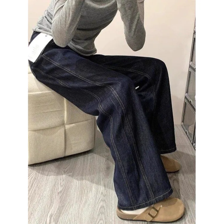 高街vibe美式丹宁水洗弯刀牛仔裤男春秋潮牌痞帅宽松直筒阔腿裤子