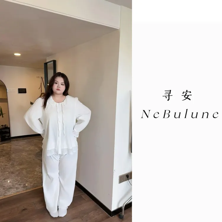 秋季女士纯棉圆领蕾丝花边长袖长裤睡衣宽松家居服