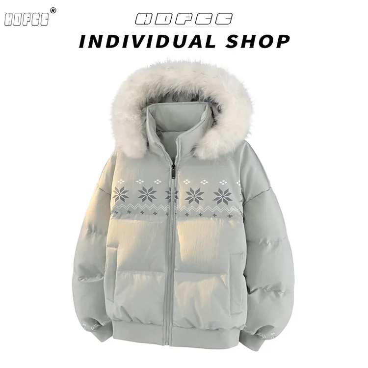 美式复古浅灰色连帽棉服外套女冬季新款甜酷风保暖防寒印花面包服