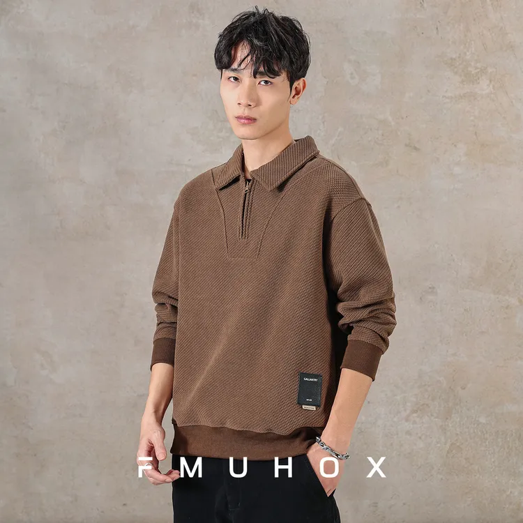 @放牧火星 欧棉绒半拉链翻领卫衣男春季新款条绒宽松长袖POLO上衣