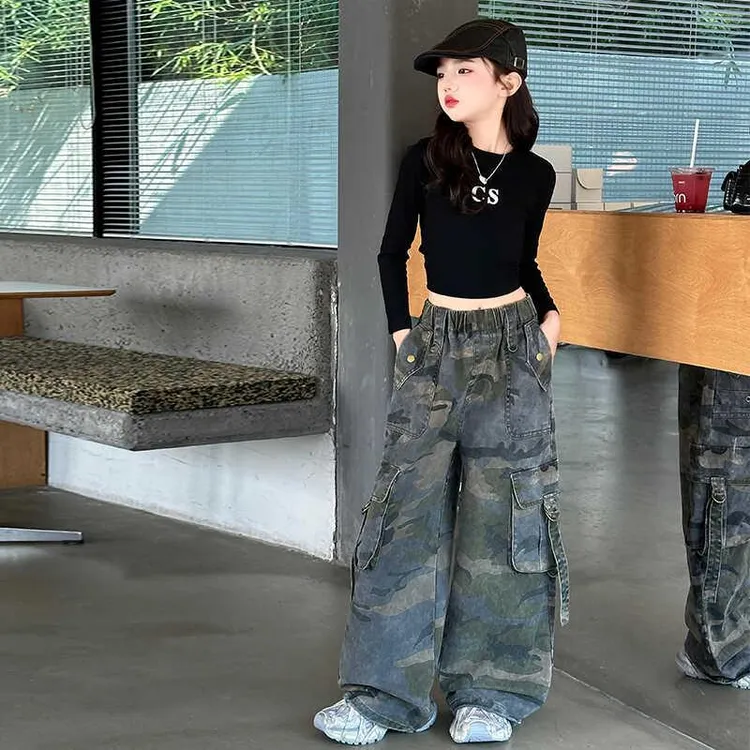 女童秋装套装潮酷穿搭辣妹爵士长袖打底上衣酷飒迷彩工装裤两件套