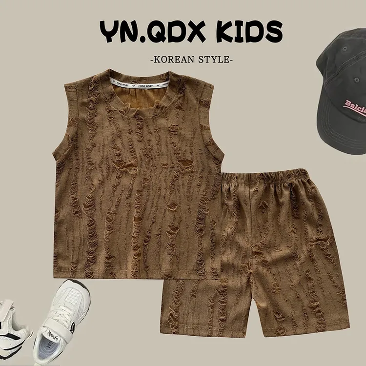 儿童休闲风纯色通用套头简约女宝夏季套装男童红色潮流薄款复古