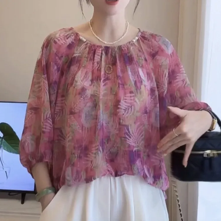 宽松型百搭T恤钉珠休闲风褶皱中袖常规款宽松系带