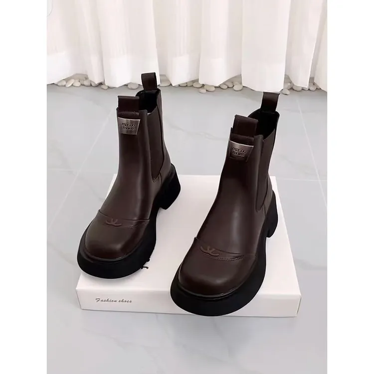 GPTSu春秋款轻奢女靴圆头英伦风百搭厚底烟囱靴切尔西靴明星同款