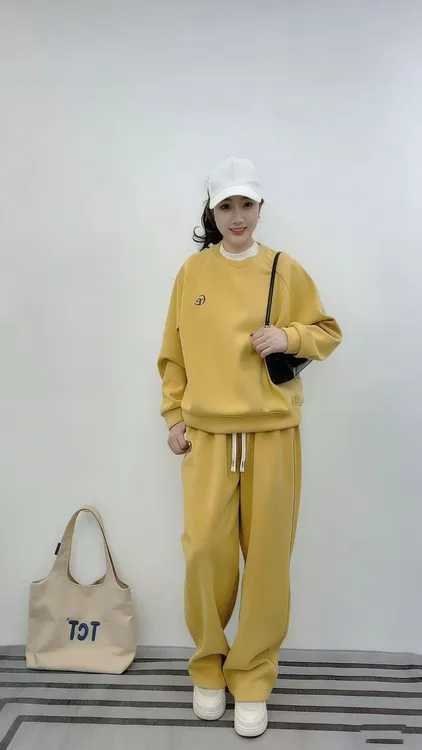 2025秋冬新款韩版宽松休闲简约百搭刺绣加绒连帽套头两件套套装女