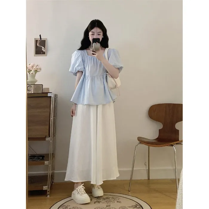 夏季新款衣服显瘦宽松方领小众短袖上衣衬衫阔腿裤裙套装夏装