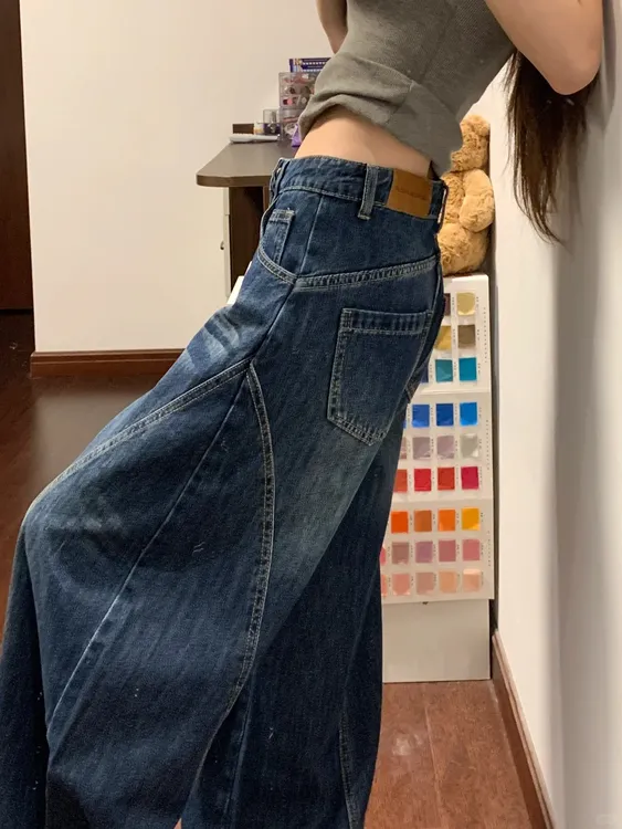 美式深蓝色弯刀牛仔裤女秋季新款高腰宽松阔腿显瘦垂感直筒长裤子