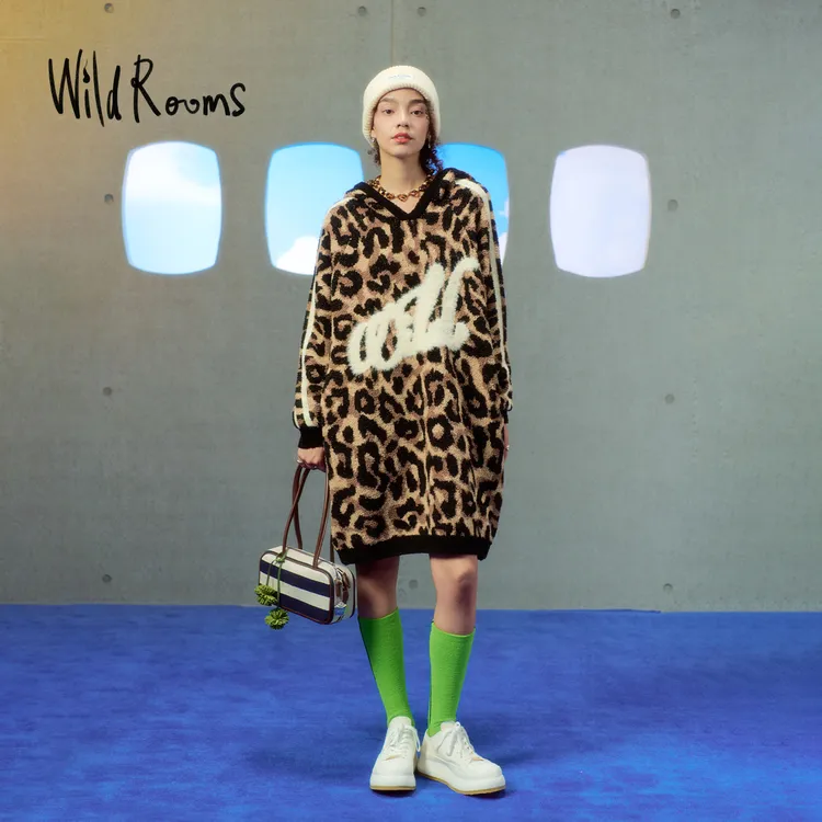 WildRooms豹纹家居服卫衣裙睡裙秋冬新款宽松中长款连帽
