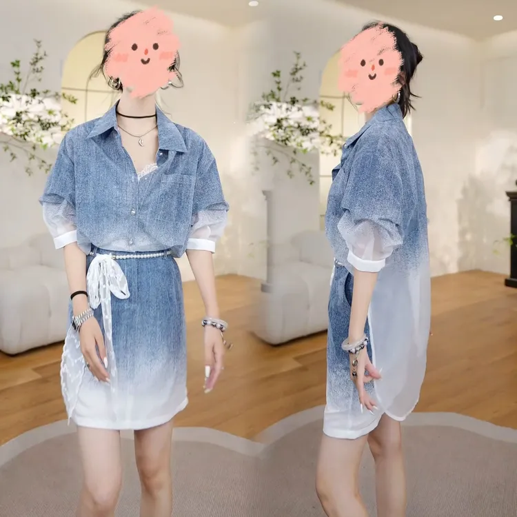 小众设计感渐变色衬衫连衣裙女2025夏季新款POLO领短袖假两件短裙