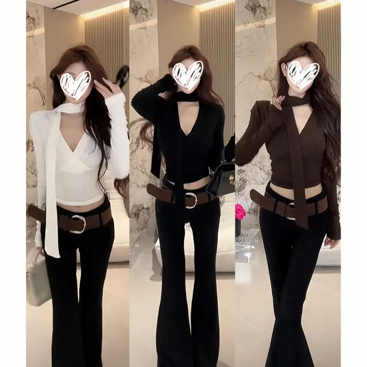 【现货+运费险】美式高级设计感收腰飘带打底衫长袖T恤修身显瘦上衣