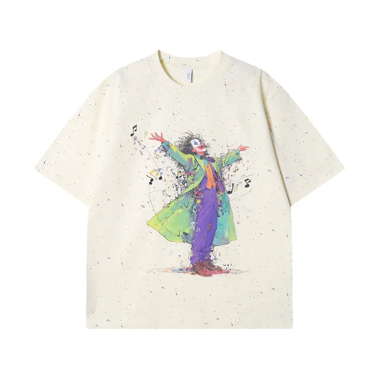 夏季高级感新款彩绘泼墨音符小丑印花圆领短袖T恤潮流百搭上衣