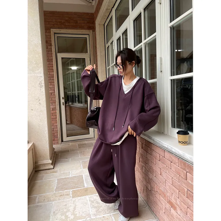 JCCC影子【绒绒紫韵】紫色休闲V领加绒卫衣阔腿休闲裤套装JE5OBZ10