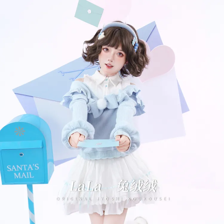 啦啦酱 兔绒绒 原创设计复古甜美薄巧奈奈风一字肩针织衫毛衣上衣