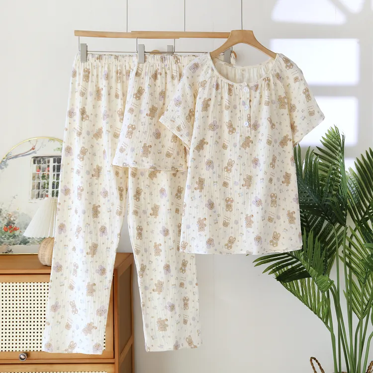 纯棉纱布睡衣女夏款三件套田园风卡通清新花卉短袖夏季薄款家居服