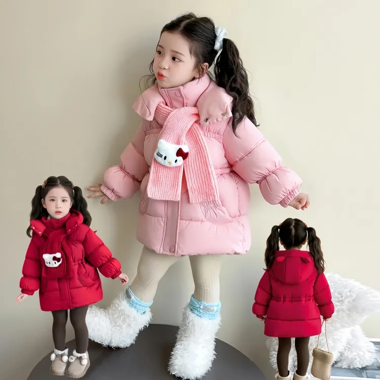 加绒加厚款女宝女童中长款棉袄中国红女童棉服 卡通女孩棉衣外套