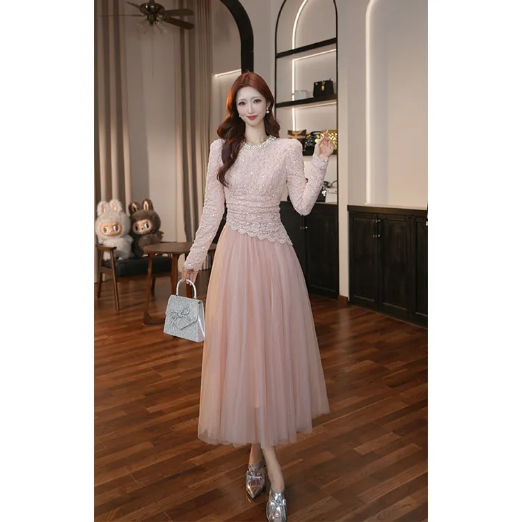 【滋滋定制】秋冬季法式轻奢显瘦气质甜美粉色拼接仙气连衣裙45498