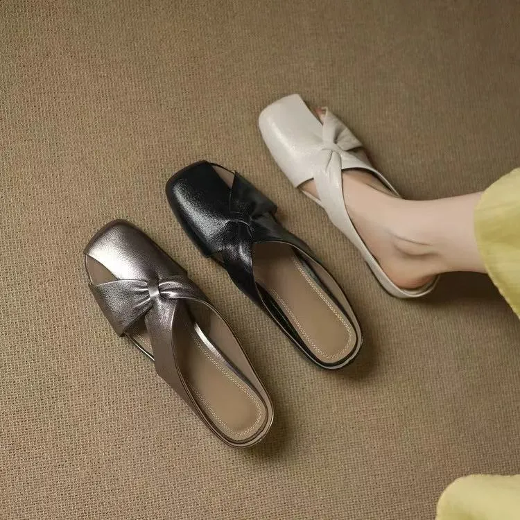 4cm春夏新款内增头层羊皮包头半拖鞋女百搭真皮外穿凉拖软底平底